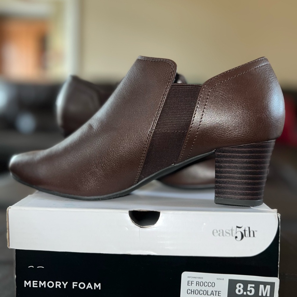 Casual Charm. Brand new, in box, East5th Chocolate ankle boot, 8.5M. Memory Foam